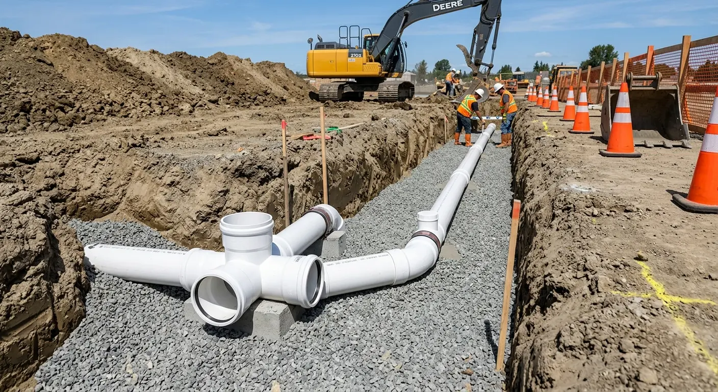 New PVC sewer pipe installation in open trench for Sewer Backup in Aquia Harbour