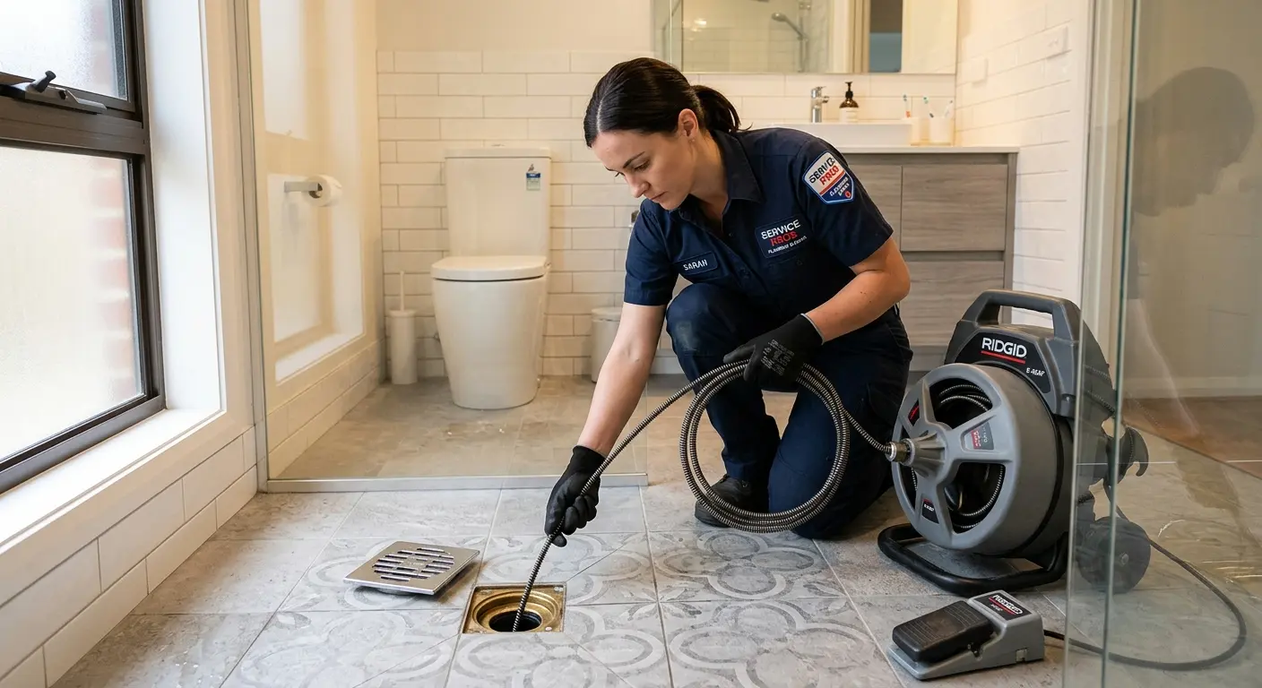 Technician clearing a bathroom floor drain for Drain Cleaning in Aquia Harbour